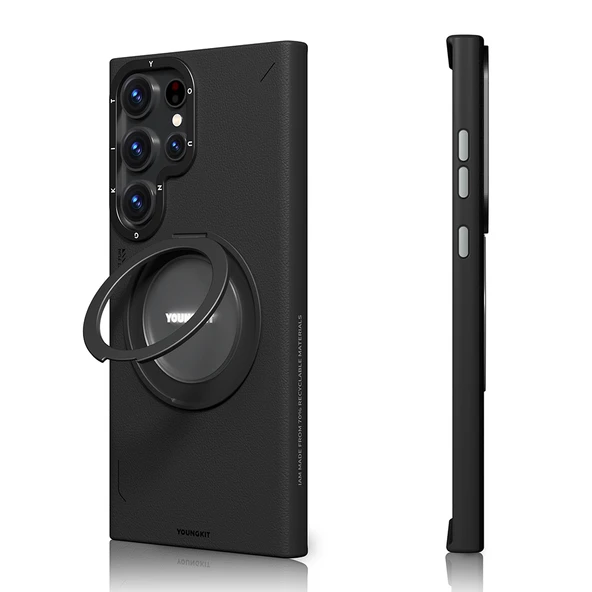 Galaxy S23 Ultra Kılıf M-safe Şarj Özellikli 360° Standlı Basit Mat Deri Desenli Youngkit Tech Leather Serisi Kapak - Resim 2