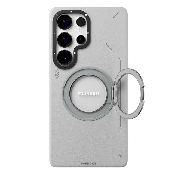 Galaxy S25 Ultra Kılıf M-safe Şarj Özellikli 360° Standlı Basit Mat Deri Desenli Youngkit Tech Leather Serisi Kapak - Resim 4