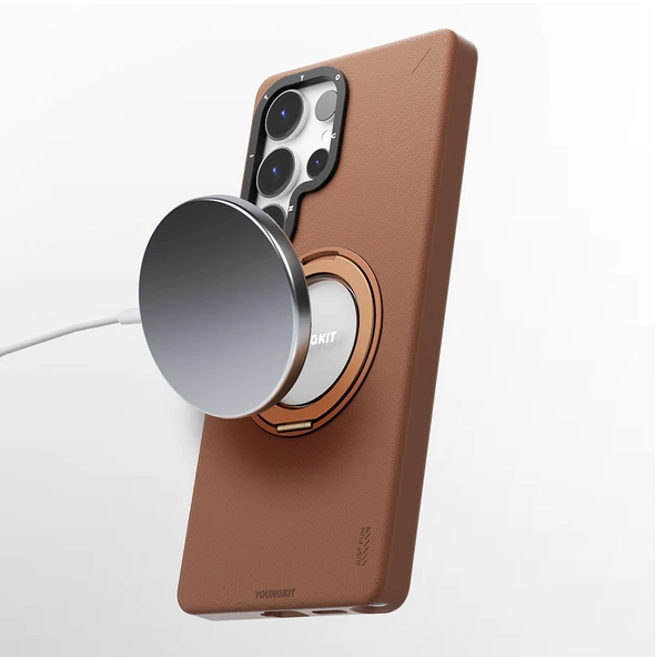 Galaxy S25 Ultra Kılıf M-safe Şarj Özellikli 360° Standlı Basit Mat Deri Desenli Youngkit Tech Leather Serisi Kapak - Resim 9