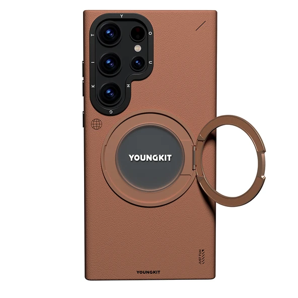 Galaxy S23 Ultra Kılıf M-safe Şarj Özellikli 360° Standlı Basit Mat Deri Desenli Youngkit Tech Leather Serisi Kapak - Resim 4