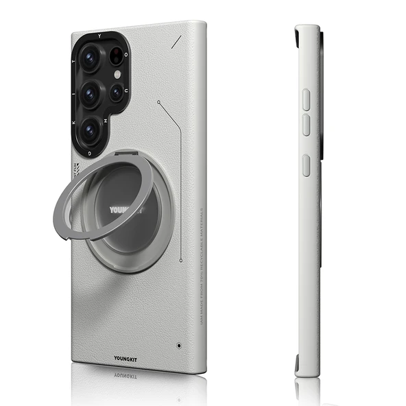 Galaxy S23 Ultra Kılıf M-safe Şarj Özellikli 360° Standlı Basit Mat Deri Desenli Youngkit Tech Leather Serisi Kapak - Resim 11