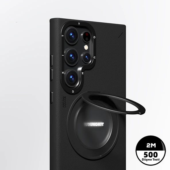 Galaxy S23 Ultra Kılıf M-safe Şarj Özellikli 360° Standlı Basit Mat Deri Desenli Youngkit Tech Leather Serisi Kapak - Resim 3