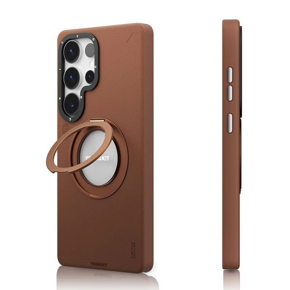 Galaxy S25 Ultra Kılıf M-safe Şarj Özellikli 360° Standlı Basit Mat Deri Desenli Youngkit Tech Leather Serisi Kapak - Resim 6