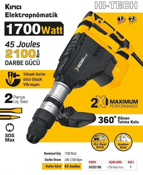 SGS5186 - 11 KG Elektropnomatik Kırıcı Hilti SDS Max 1700 Watt 45 Joules - 2