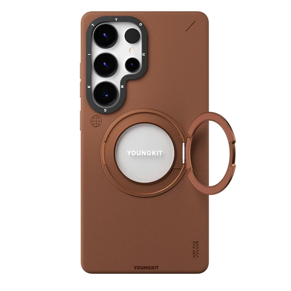 Galaxy S25 Ultra Kılıf M-safe Şarj Özellikli 360° Standlı Basit Mat Deri Desenli Youngkit Tech Leather Serisi Kapak - Resim 5