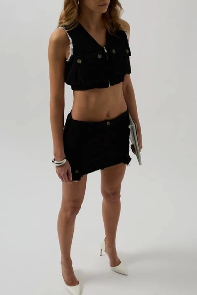 V Yaka Düğmeli Crop Yelek - 4