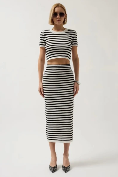 Çizgili Midi Dokulu Etek - 2