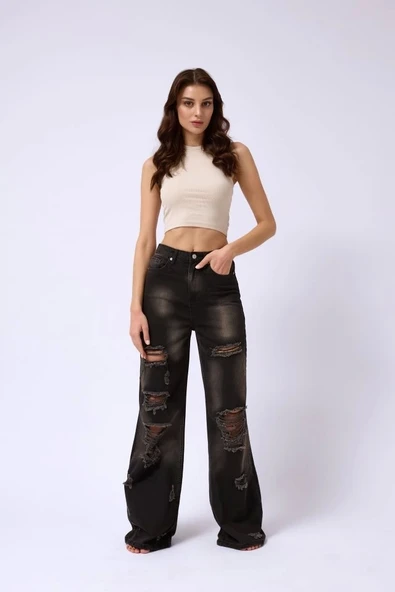 Lazer Kesim Wide Leg Yüksek Bel Jean - 2