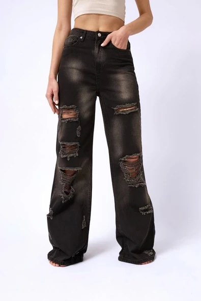 Lazer Kesim Wide Leg Yüksek Bel Jean - 3