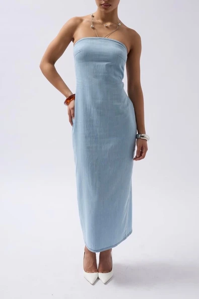 Straplez Denim Elbise - Resim 4
