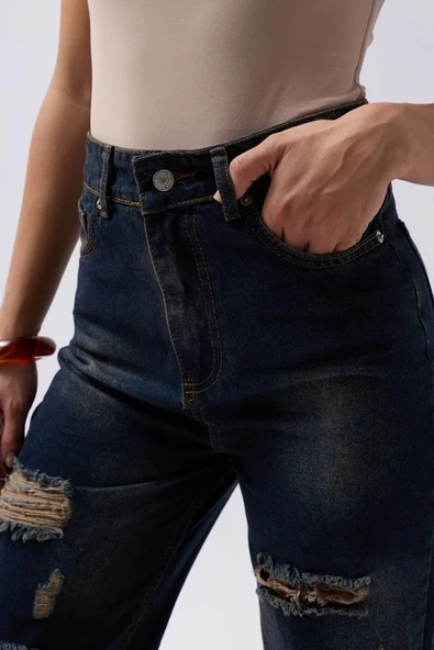 Lazer Kesim Wide Leg Yüksek Bel Jean - 4