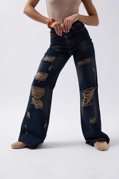 Lazer Kesim Wide Leg Yüksek Bel Jean - 3