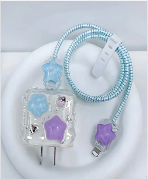 Brokoli Home iPhone 18W/20W Uyumlu Şarj Kılıfı, Şarj Kablosu Örme Aparatı, Kablo Koruyucu Aparatı, Toparlayıcı Yıldızlar Serisi