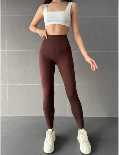 Nonofit Yüksek Bel Düz Sporcu Tayt - Kahve - Resim 3