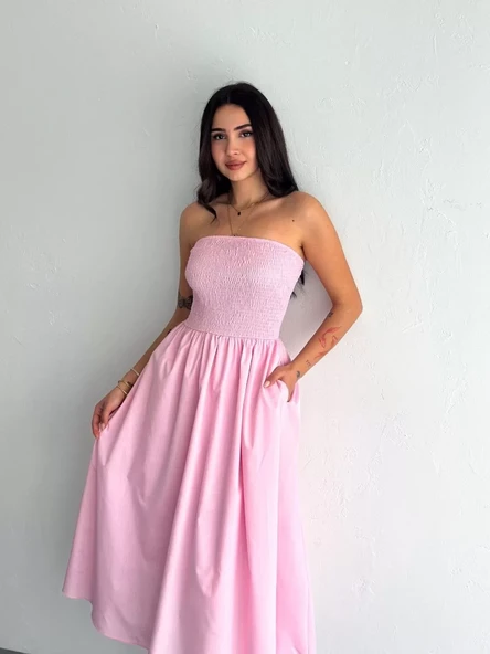 Straplez Pileli Elbise - Pembe - 6