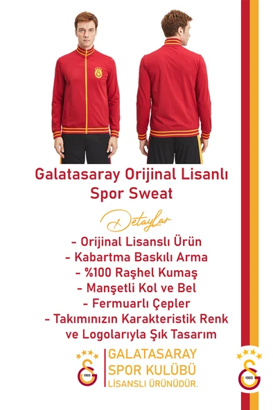 Galatasaray Orijinal Lisanslı Dik Yaka Fermuarlı Erkek Sweat - 2