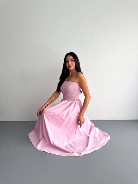 Straplez Pileli Elbise - Pembe - 4
