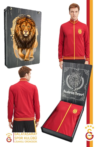 Galatasaray Orijinal Lisanslı Dik Yaka Fermuarlı Erkek Sweat Gs Aslan Baskılı Hediyelik Ahşap Kutulu