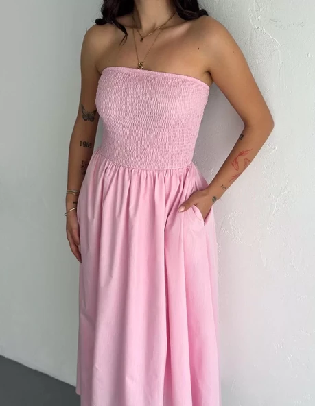 Straplez Pileli Elbise - Pembe - 5