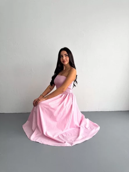 Straplez Pileli Elbise - Pembe - 3