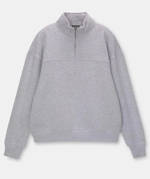 Oversize Yarım Farmuarlı Yakalı Basic SweatShirt - Gri