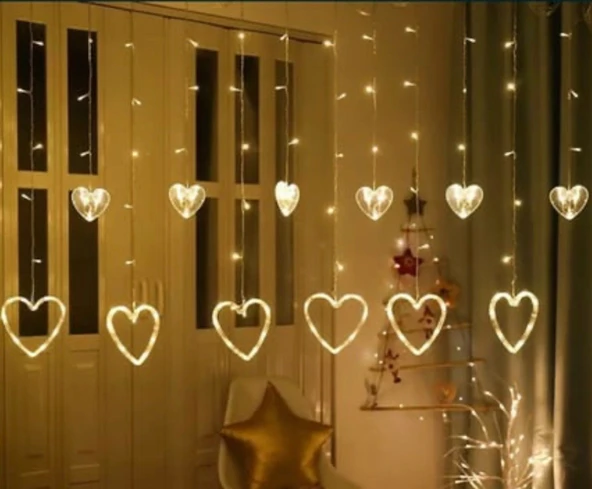 brokoli home Led Perde Dekoratif Fişli Kalpli Saçaklı 6 Adet büyük 6 adet küçük Kalp