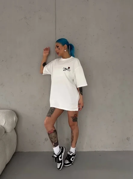 Unisex Bisiklet Yaka Baskılı Oversize T-Shirt - Beyaz