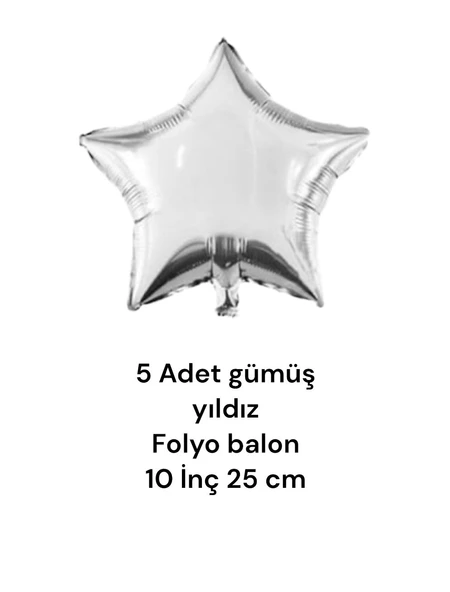 brokoli home 10 Inç 25 cm Gümüş Yıldız Folyo Balon Set 5 Li ,Doğum Günü,parti,kutlama - 3
