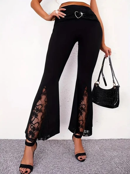 Lucky Life Kadın  Yüksek Bel Kalpli Kemer Dantel Detaylı Dalgıç Pantolon - Resim 2