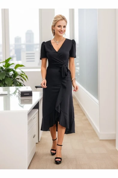 Lucky Life Kadın Kadın Kruvaze Yaka Midi Boy Kuşaklı Krep Elbise 120 Cm - Resim 3