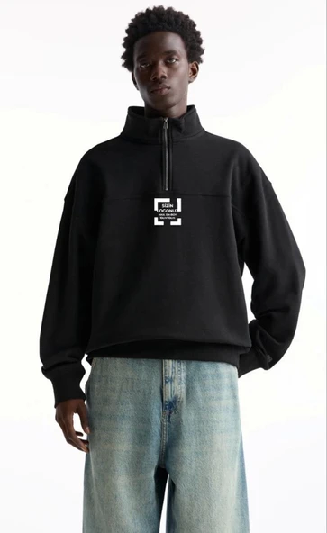 Oversize Yarım Farmuarlı Yakalı Özel Tasarım Basic SweatShirt - Siyah - Resim 2