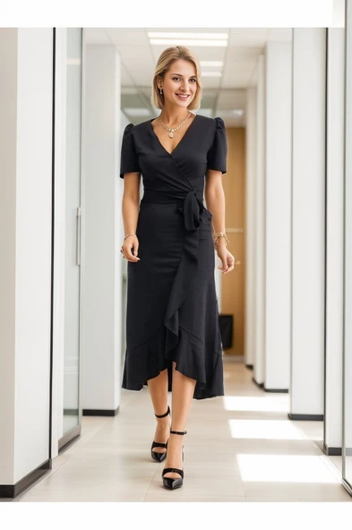 Lucky Life Kadın Kadın Kruvaze Yaka Midi Boy Kuşaklı Krep Elbise 120 Cm ürün görseli 1