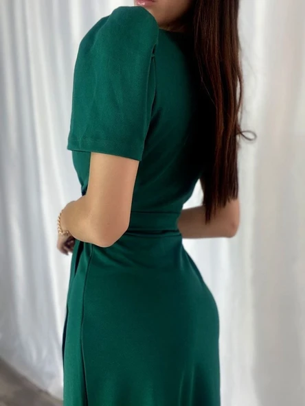 Lucky Life Kadın Kadın Kruvaze Yaka Midi Boy Kuşaklı Krep Elbise 120 Cm - Resim 6