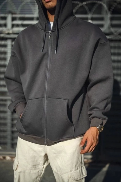 Oversize Tam Fermuarlı Uzun Kol Hırka - Füme - Resim 3