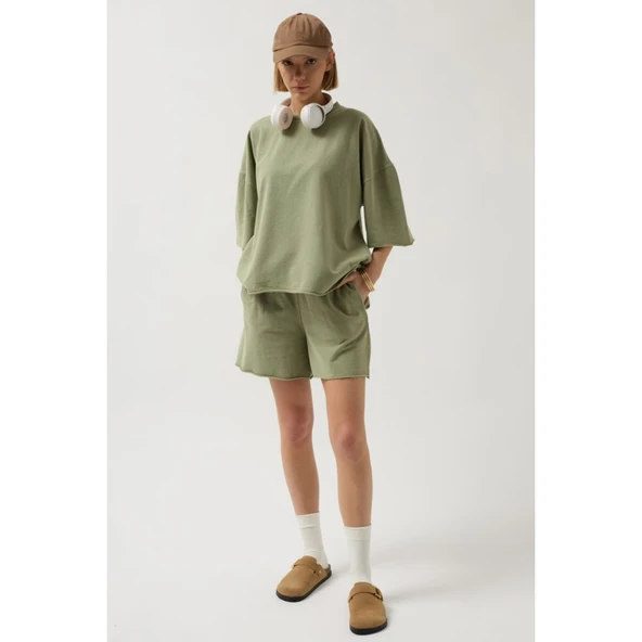 Oversize Lucky Life Kadın Lazer Kesim Bisiklet Yaka T-Shirt