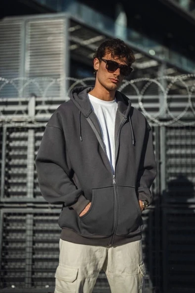 Oversize Tam Fermuarlı Uzun Kol Hırka - Füme - Resim 2