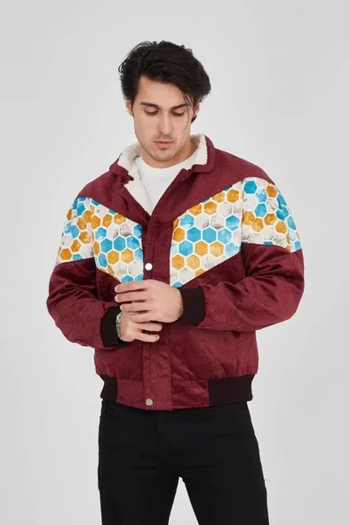 Erkek İçi Astarlı İçten Yaka Kısmı Peluşlu Beyaz Şeritli Vintage Ceket - Mürdüm - 1