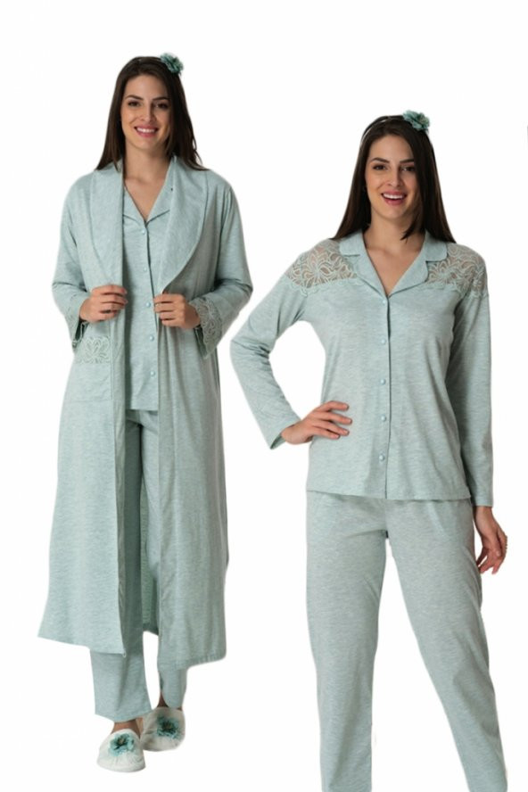 Carpediem Turkuaz Uzun Sabahlıklı Lohusa Pijama Takımı 1547