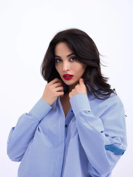 6835 GÖMLEK-MAVİ BEYAZ ÇİZGİLİ - Resim 4