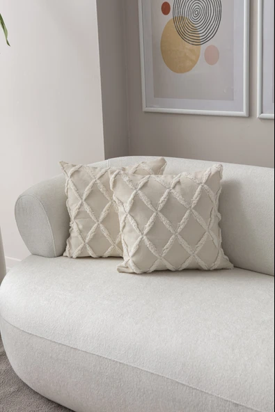 Sarmal Desenli Punch Işlemeli Keten Kırlent Kılıfı, Puantiyeli Kırlent Kılıfı, 43x43cm - 2