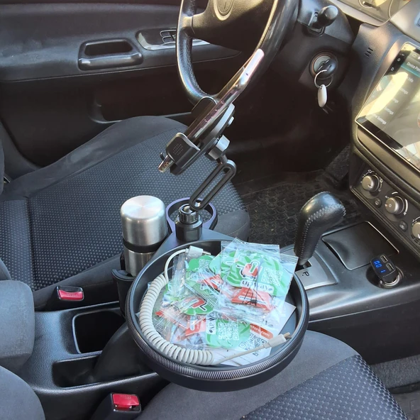 UpWay Araç İçi Ayarlanabilir Tepsili Yiyecek Bardak Termos Telefon Tutucu - 7