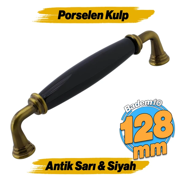 Kapıdağı Porselen Antik Sarı Siyah Kulp 128 mm Mobilya Çekmece Mutfak Dolabı Dolap Kapak Kulb Kulpu
