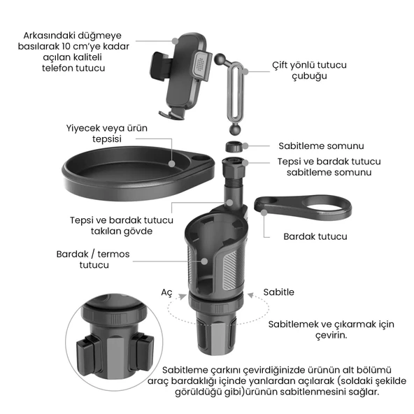 UpWay Araç İçi Ayarlanabilir Tepsili Yiyecek Bardak Termos Telefon Tutucu - 5