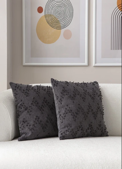 Ritim Desenli İkili Punch İşlemeli Keten Kırlent Kılıfı 43x43cm, Dekoratif Kırlent Kılıfı - 10