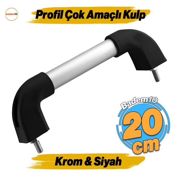 Plastik Profil Boru Kulp KROM-SİYAH Çekme Kol 10X25X68X200MM ( 2 Adet M8x40 Civata + Somun )