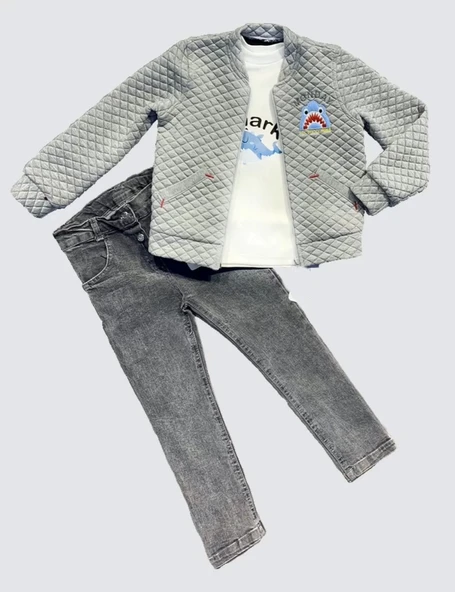 Eterelle 4-5-6 Yaş Kot Pantolonlu Pilot Mont Uzun Kollu Penye Sweat 3lü Erkek Çocuk Takımı Gri - 1