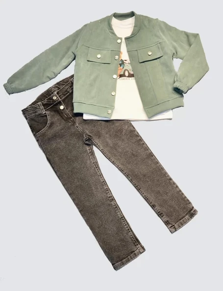 Eterelle 4-5-6 Yaş Kot Pantolonlu Nubukceketli Uzun Kollu Penye Sweat 3lü Erkek Çocuk Takımı Yeşil