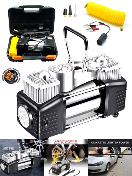 Rowermax Oto Kamyon Lastik Şişirme 12V 150PSI Çift Piston Çantalı Hava Kompresörü