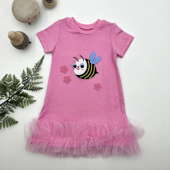 Eterelle 1-2-3 Yaş Arıcık Nakışlı Eteği Fırfırlı Jile Kız Çocuk Elbisesi Pembe