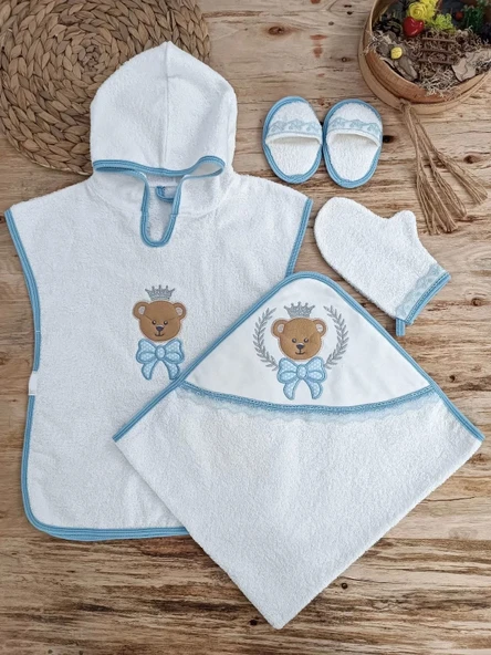 Eterelle 0-1 Yaş Bear Nakışlı Pareolu 4lü Erkek Bebek Havlu Silgi Takımı Mavi